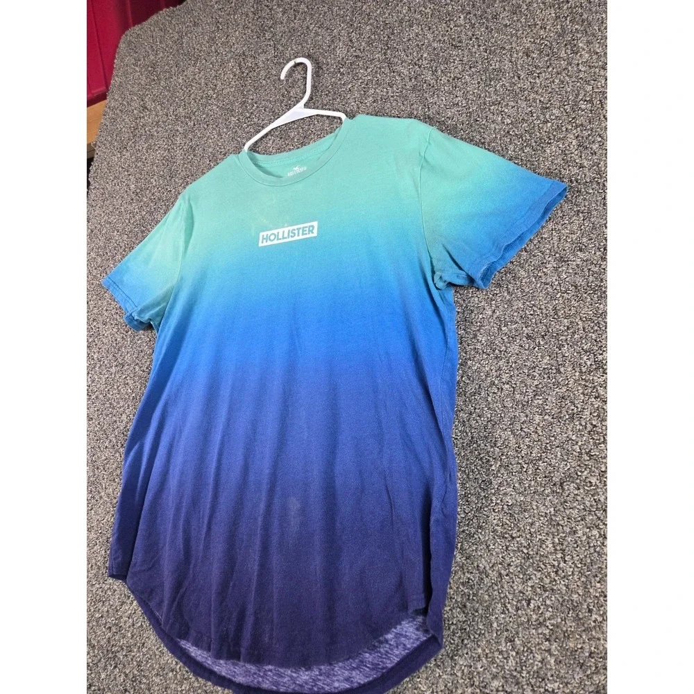 Hollister Mens Large Ombre Gradient T Shirt Blue Teal Logo Graphic Short Sleeve - Picture 4 of 11